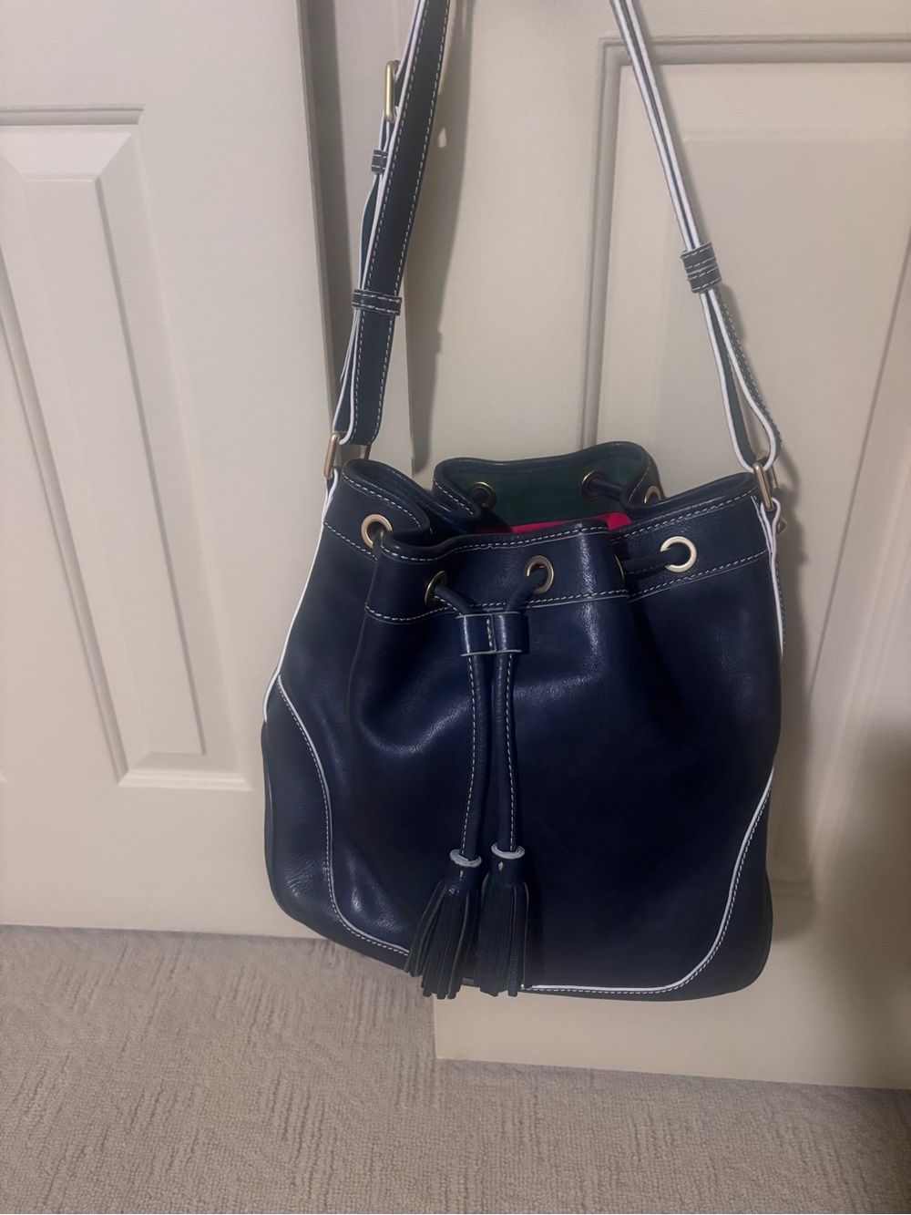 Dooney and Bourke Florentine Navy Drawstring Bucket Bag